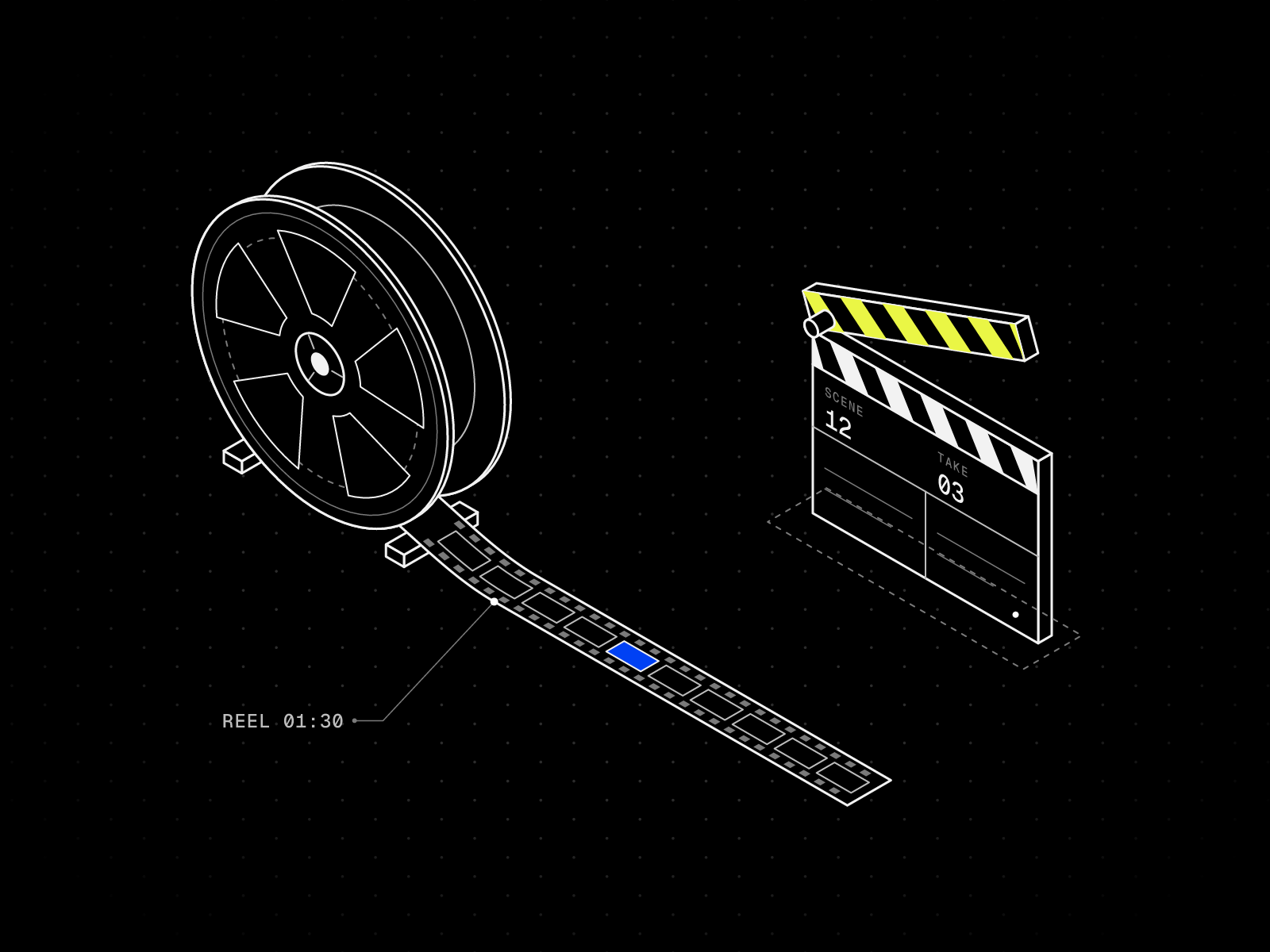 Isometric line drawing of a film reel unspooling a strip of film frames, with an open clapperboard striped in yellow