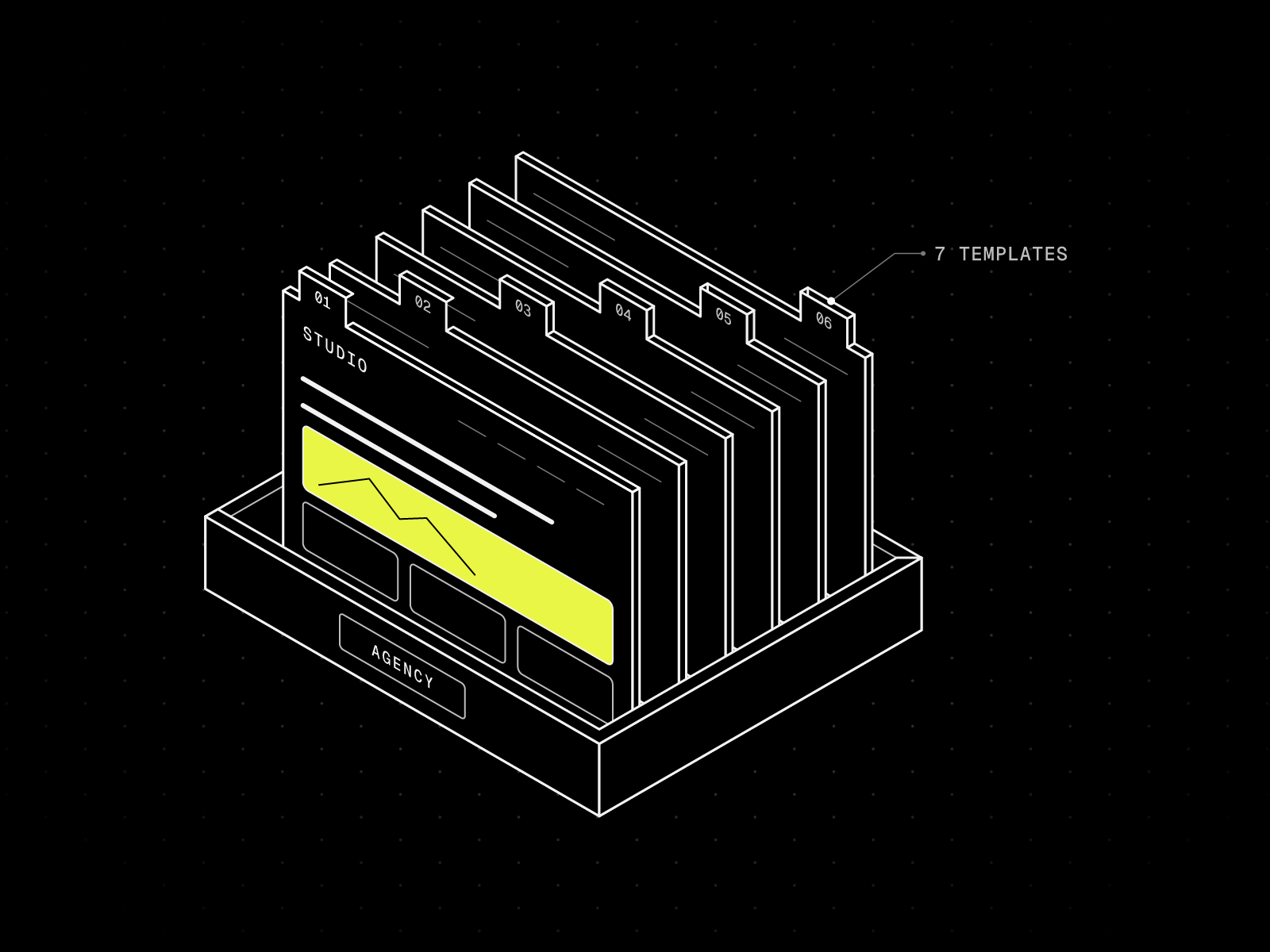 Isometric line drawing of an open tray holding a row of agency website templates with numbered index tabs, the front one showing a studio homepage with a yellow hero