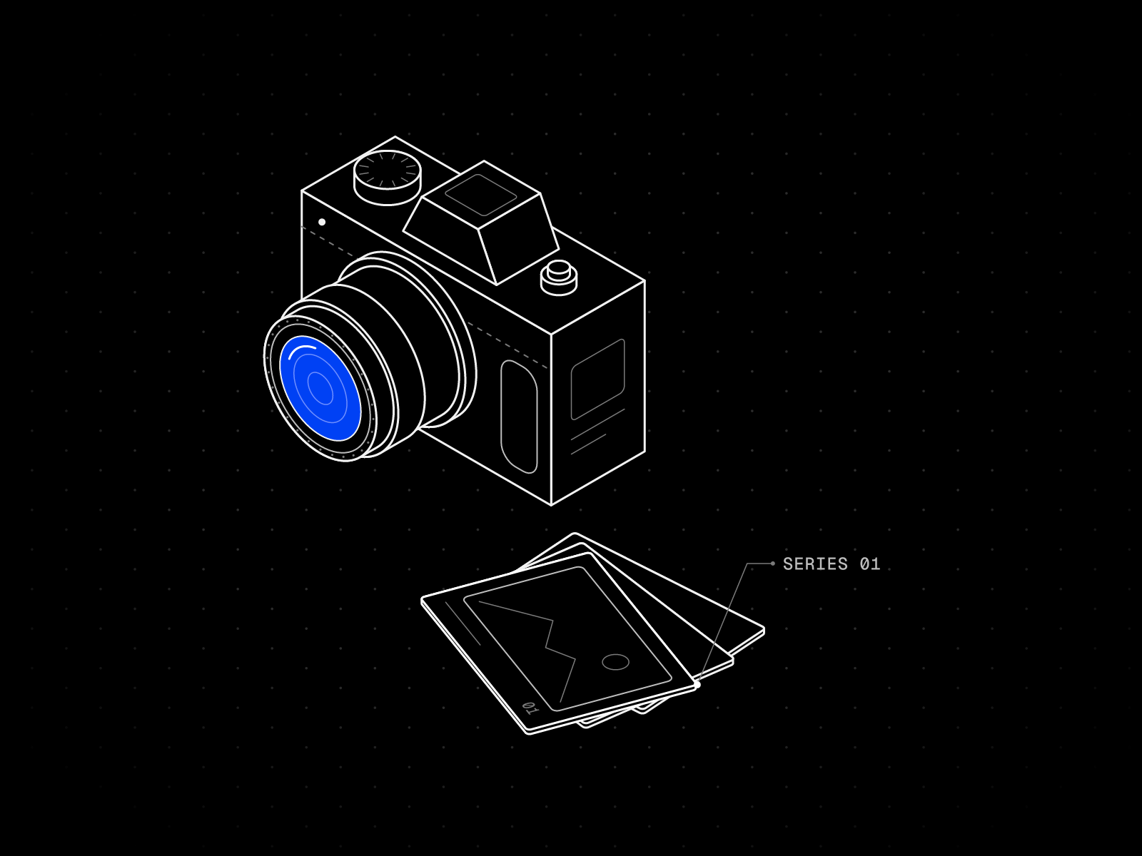 Isometric line drawing of a camera with a blue lens beside a fanned series of photo prints