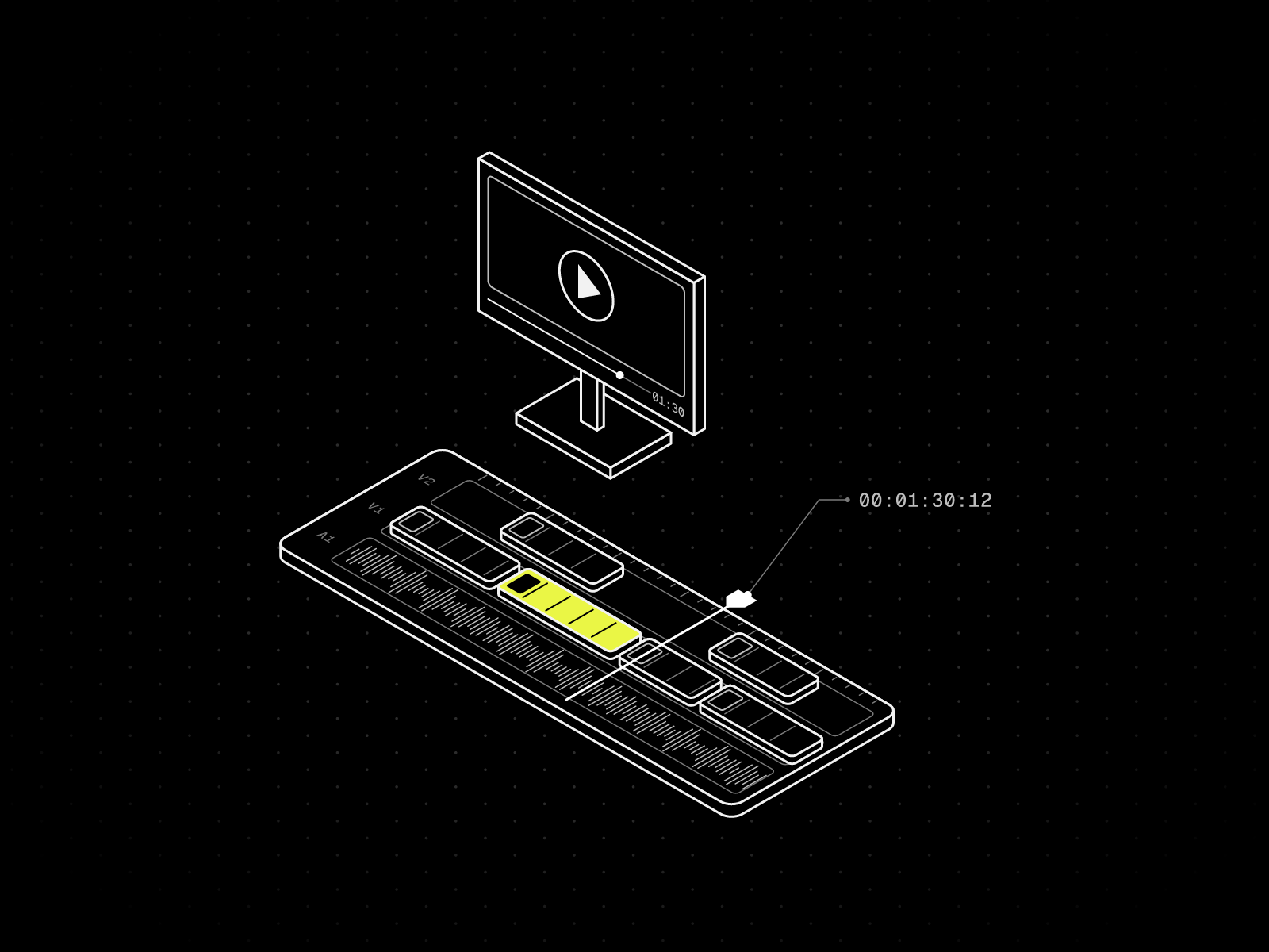 Isometric line drawing of a video editing timeline with clip tracks, one clip in yellow, an audio waveform, a playhead and a preview monitor with a play button
