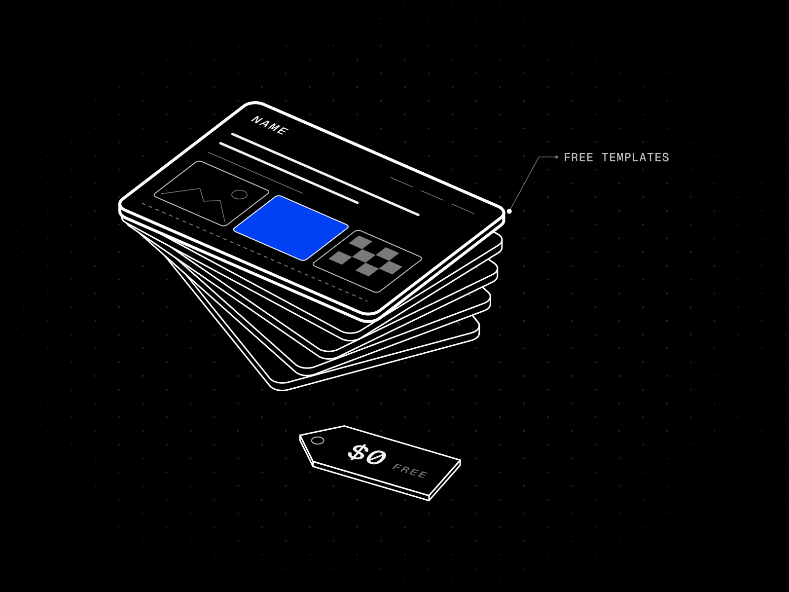 Isometric line drawing of a fanned stack of portfolio template cards with thick white outlines and a $0 price tag