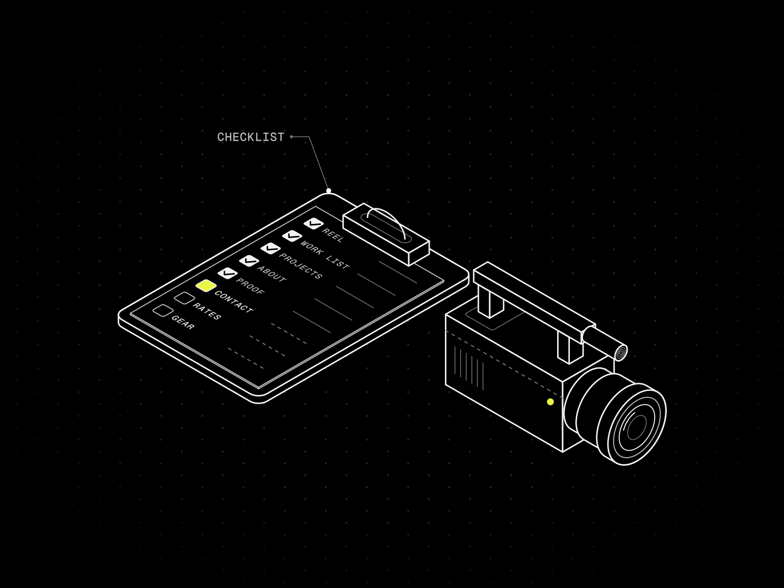 Isometric line drawing of a clipboard checklist of eight website sections, from reel to gear, with one item highlighted in yellow, beside a camcorder