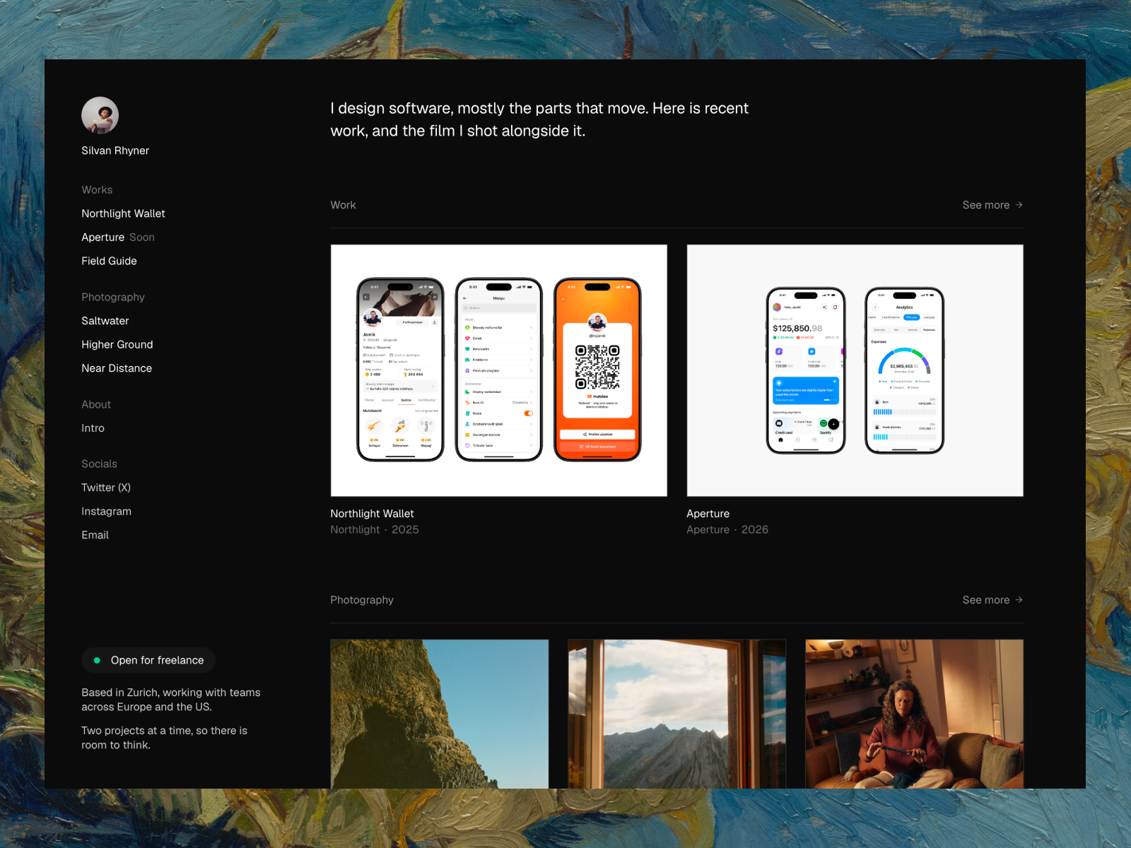 Silvan Rhyner Framer template: a dark portfolio with a fixed sidebar and edge-to-edge project images