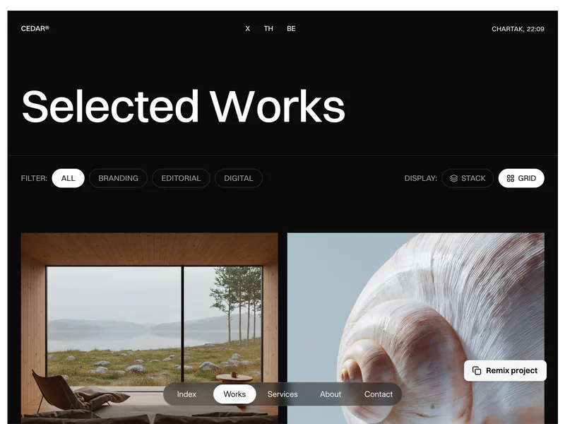 Cedar Selected Works page in Grid view, with category filters and the Stack and Grid display switch