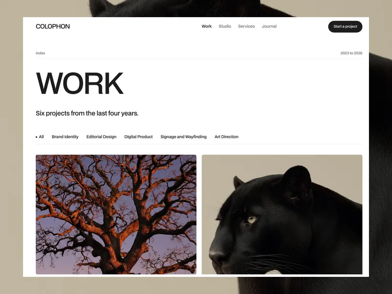 Colophon Work page with service filter tabs above a masonry grid of project covers