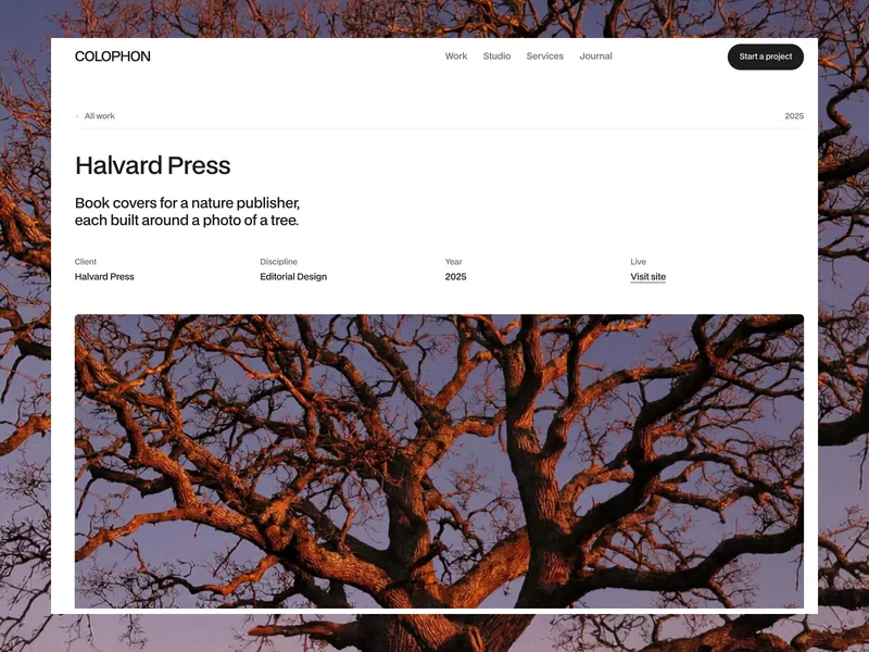 Colophon case study page for a book publisher, with client, discipline, year, a Visit site link and a full-width cover photo