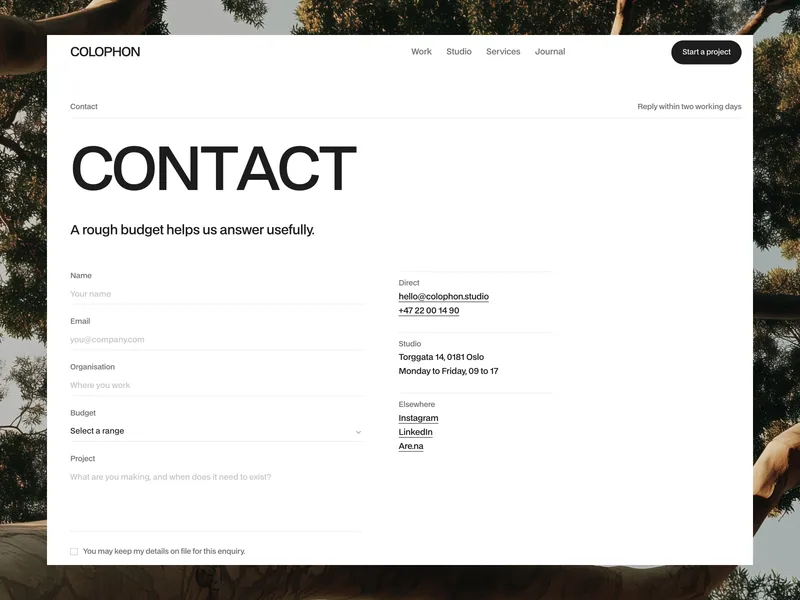 Colophon Contact page with an enquiry form, a budget select and the studio's email, phone, address and hours