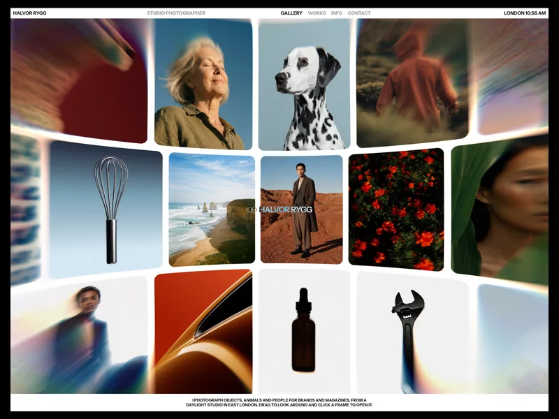Halvor Framer template home page, a WebGL sphere of photographs from every project