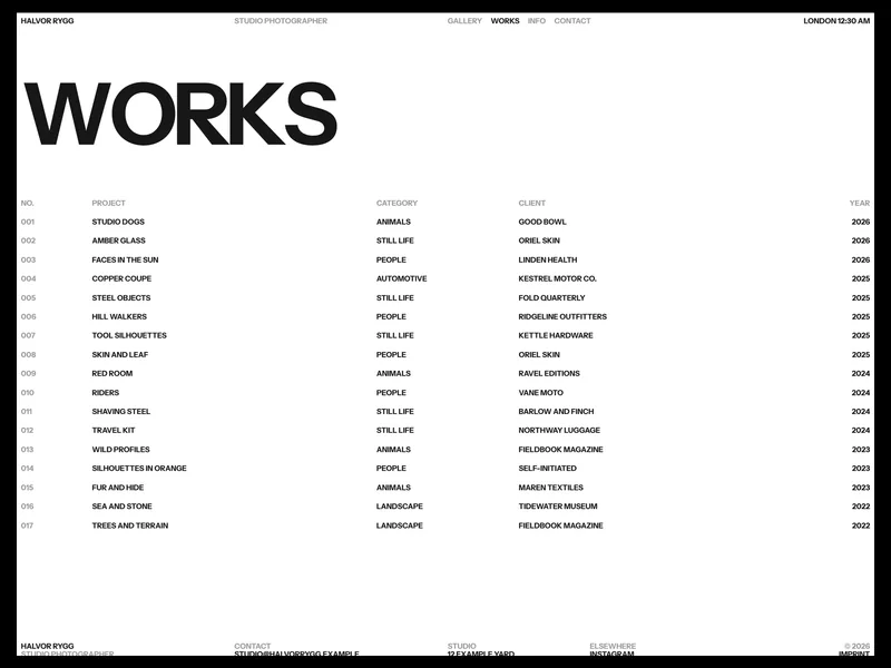 Halvor Works index listing projects with number, category, client and year