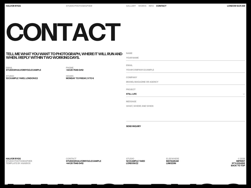 Halvor Contact page with studio details and an inquiry form with a project type select