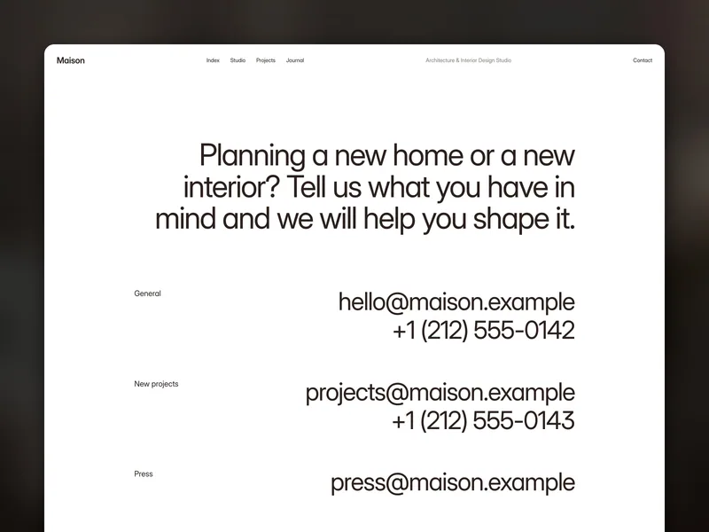Maison Architect Contact page with General, New projects and Press email addresses and phone numbers