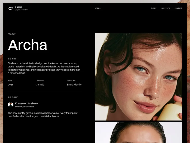 Quadro Studio case study page for Archa, with the brief, year, country, services, a client quote and project photos