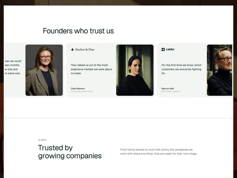 Westport testimonial slider with client quotes, logos and portraits, above the Trusted by growing companies section